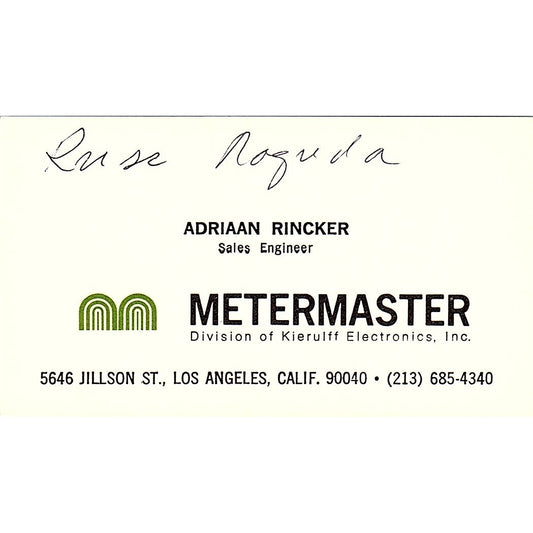 Metermaster Kieruiff Electronics Adriaan Rincker L.A. Calif Business Card SF3-B7
