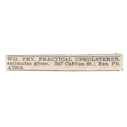 Wm Fry Practical Upholsterer 367 Carlton St Winnipeg 1920 Ad AG2-S10