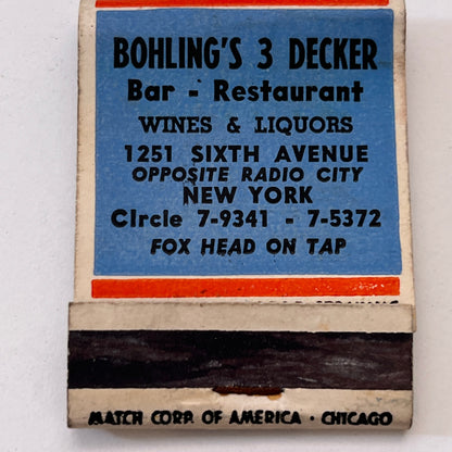 Bohling's 3 Decker Restaurant 1251 6th Ave NY Vintage Matchbook Cover TB8-MB3-7