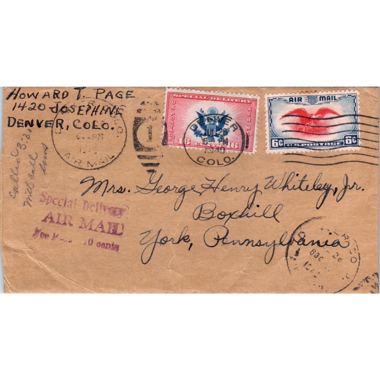 1940 Postal Cover Air Mail Howard T. Page Denver CO to York PA D21