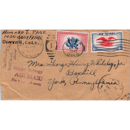 1940 Postal Cover Air Mail Howard T. Page Denver CO to York PA D21