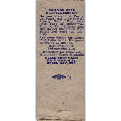 Kleen Foot Balm Co Falls Church VA Vintage Matchbook Cover SD4-Y7