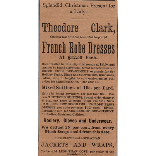 Theodore Clark French Robe Dresses 1886 Hartford CT Victorian Ad AB8-HT1