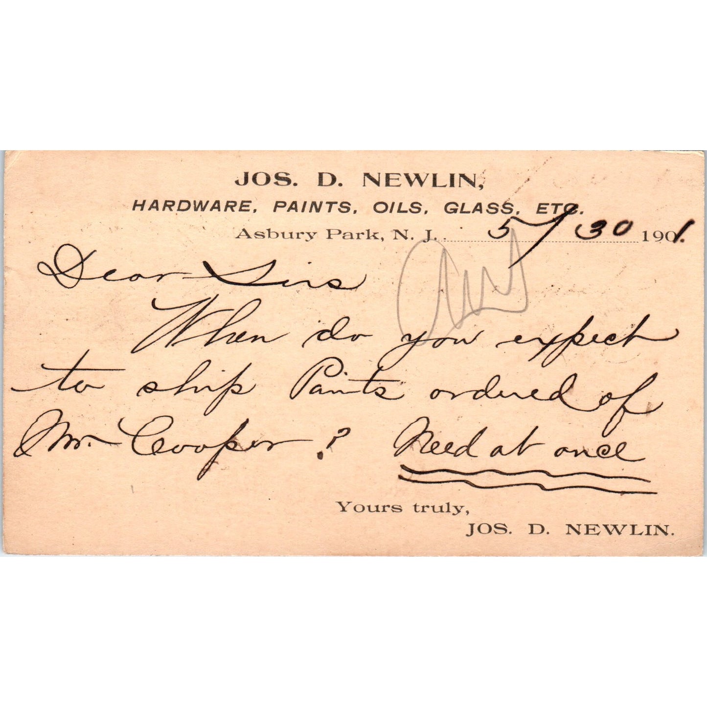 1901 Jos. D. Newlin Hardware Ashbury Park NJ Postal Mailing Card PE6