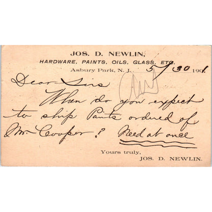 1901 Jos. D. Newlin Hardware Ashbury Park NJ Postal Mailing Card PE6