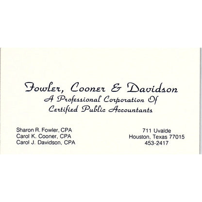 Fowler, Cooner & Davidson CPA Houston TX Vintage Business Card SD9-B1