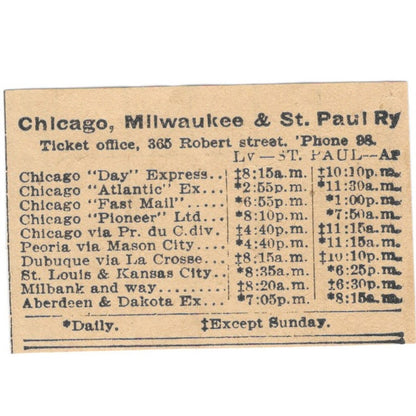 Chicago, Milwaukee & St. Paul Railway Timetable 1898 Newspaper Ad AF2-S6