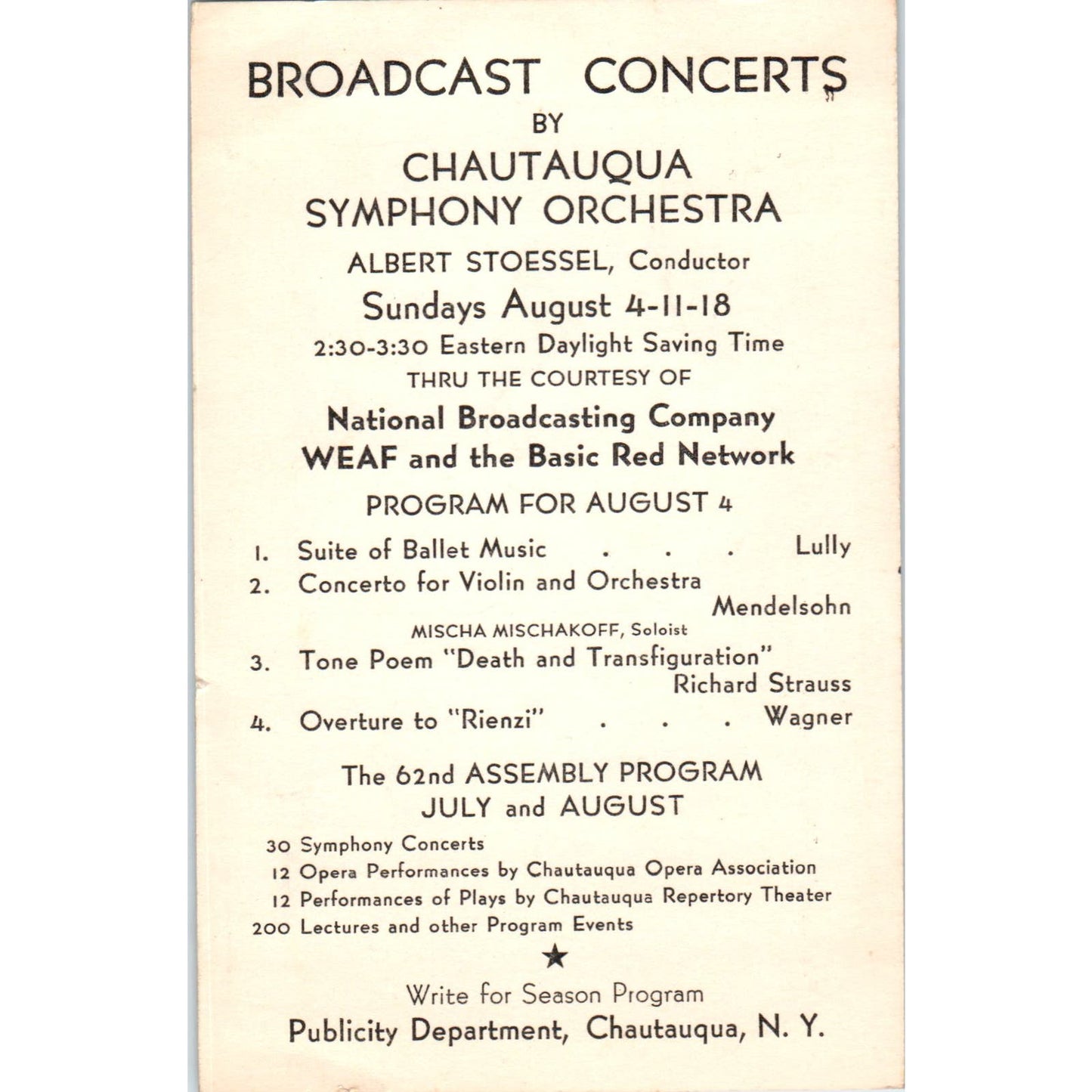 1935 WEAF Radio Broadcast Concert Chautauqua Orchestra Advertising Postcard PC8