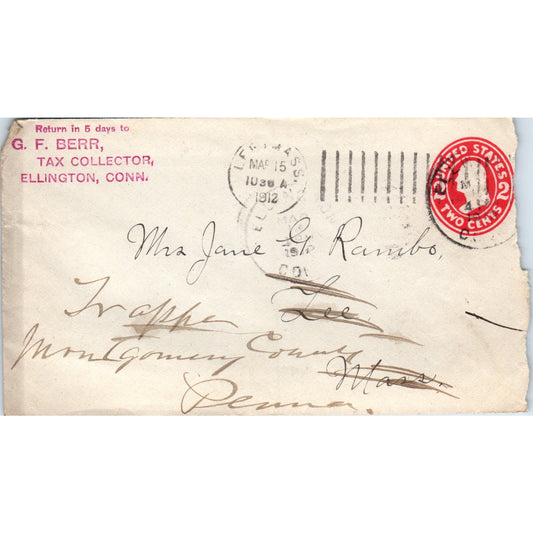1912 G.F. Berr Tax Collector Ellington CT Miss Jane G Rambo Lee Envelope TG7-PC2