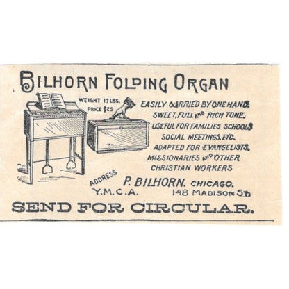 Bilhorn Folding Organ P. Bilhorn YMCA Chicago 1894 Ad AB6-S7