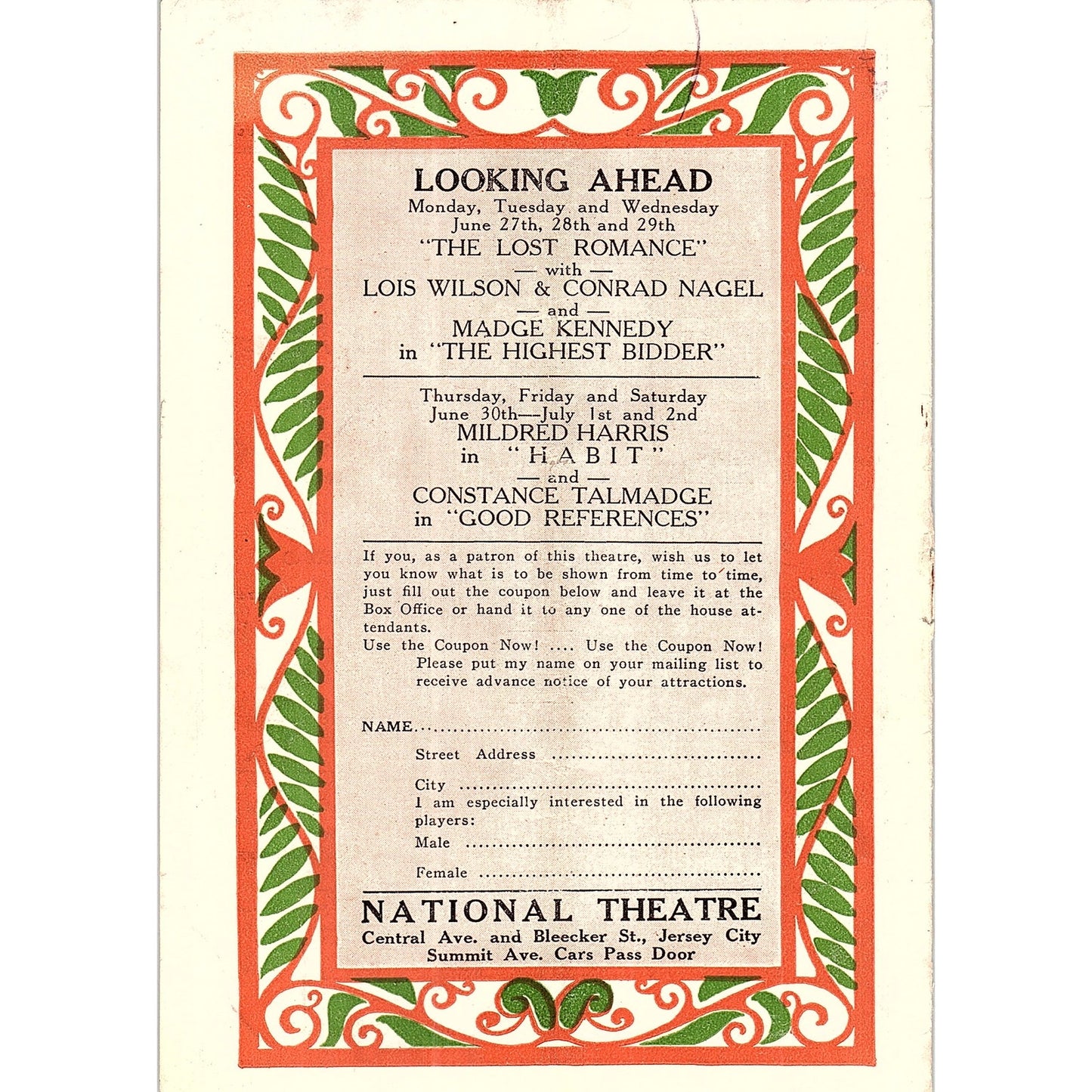 National Theatre The Lost Romance Lois Wilson & Conrad Nagel 1920s Ad AF3-8