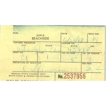 1969 Oregon State Park Beachside Camp Registration Receipt AD8-R6