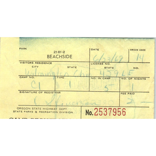 1969 Oregon State Park Beachside Camp Registration Receipt AD8-R6