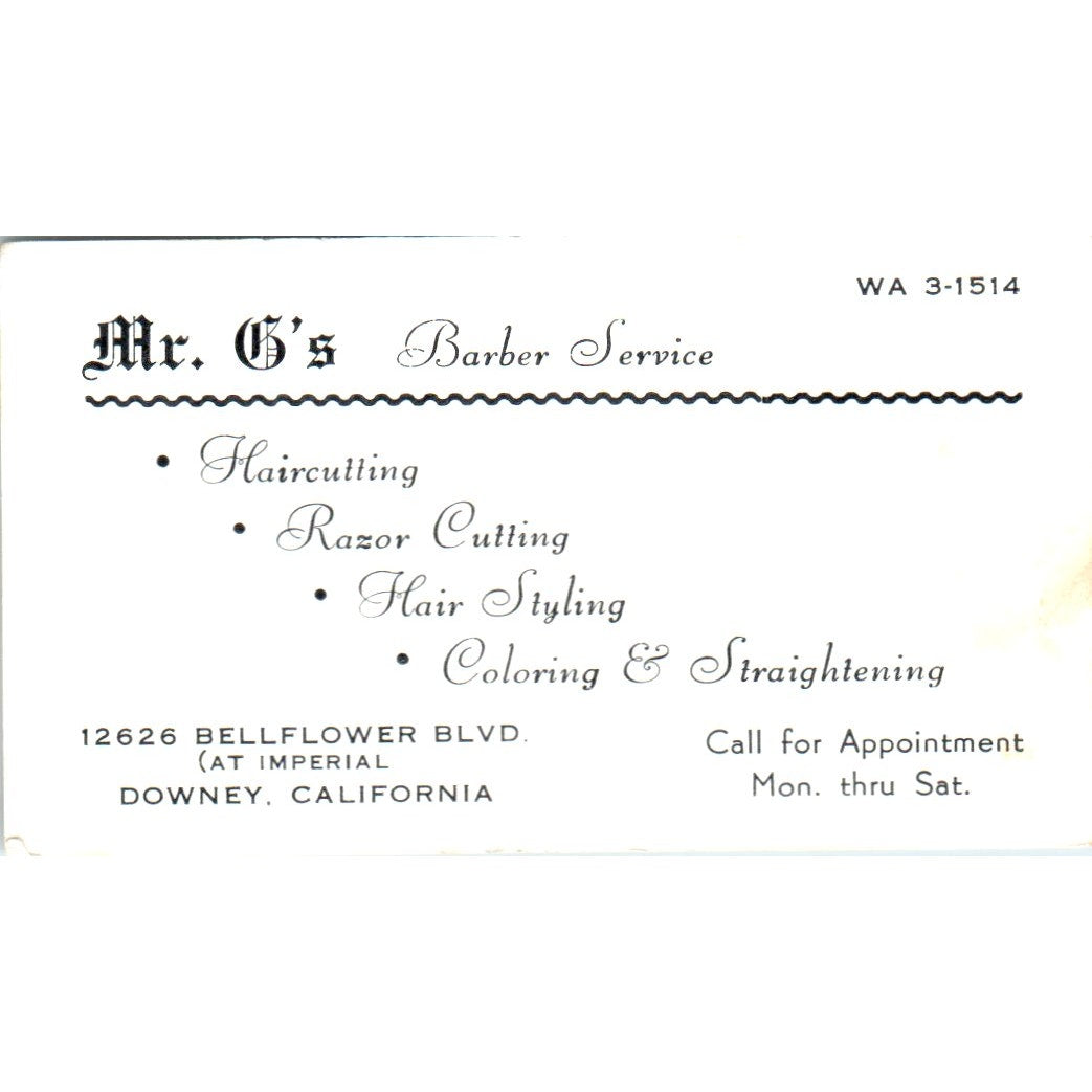 Mr. G's Barber Service Downey CA Vintage Business Card SD8-B9