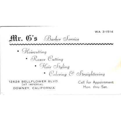 Mr. G's Barber Service Downey CA Vintage Business Card SD8-B9
