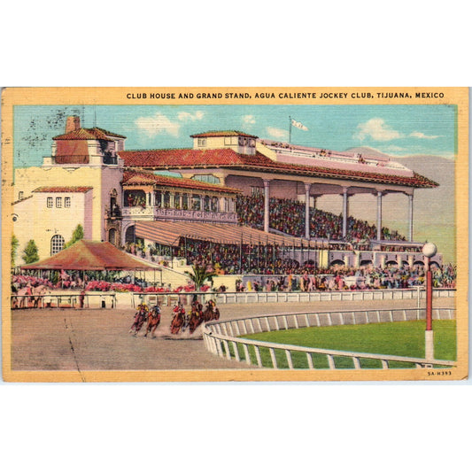 Clubhouse & Grandstand Agua Caliente Jockey Club Tiajuana Vintage Postcard PD9