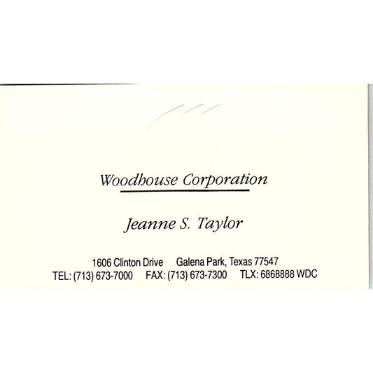 Jeanne S Taylor Woodhouse Corp Galena Park TX Vintage Business Card SC9-B3