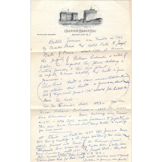 1920s Handwritten Letter Chalfonte-Haddon Hall Atlantic City NJ Letterhead D21