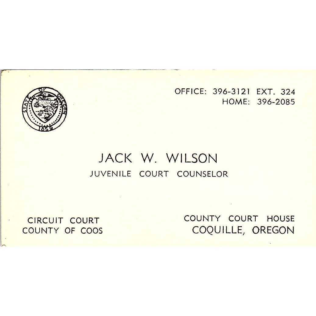 Jack W. Wilson Juvenile Court Counselor Oregon Vintage Business Card SF3-B3