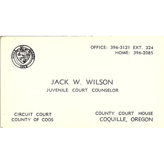 Jack W. Wilson Juvenile Court Counselor Oregon Vintage Business Card SF3-B3