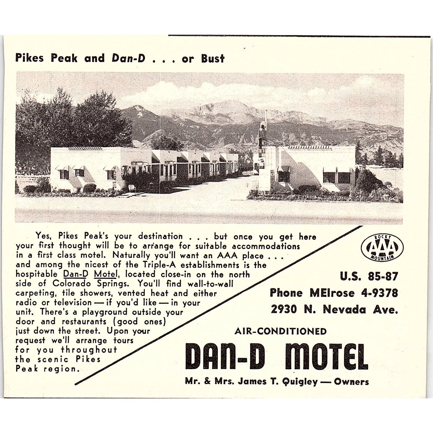 Dan-D Motel James T Quigley, Mount Vernon Motel Colorado Springs 1958 Ad AG1-H2