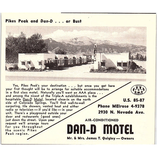 Dan-D Motel James T Quigley, Mount Vernon Motel Colorado Springs 1958 Ad AG1-H2