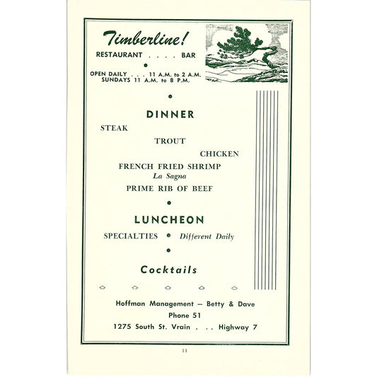 Timberline Restaurant & Bar Betty and Dave Hoffmann 1957 Estes Park CO Ad AG4-1