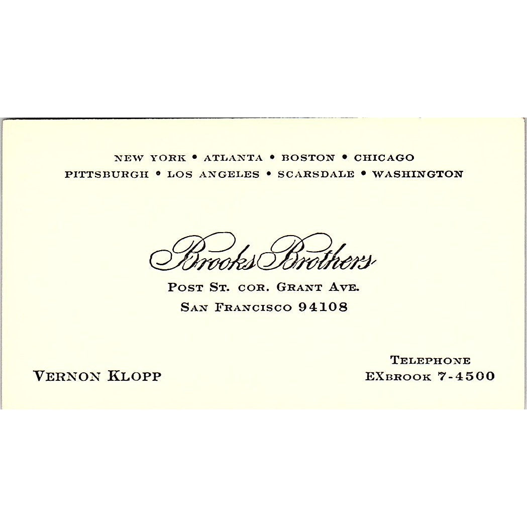 Vernon Klopp Brooks Brothers San Francisco Vintage Business Card SD9-B10
