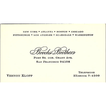 Vernon Klopp Brooks Brothers San Francisco Vintage Business Card SD9-B10