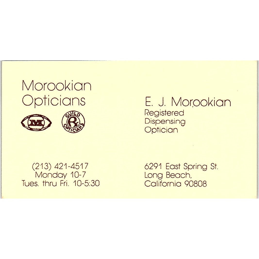 Morookian Opticians E.J. Morookian Long Beach CA Vintage Business Card SB4-B3