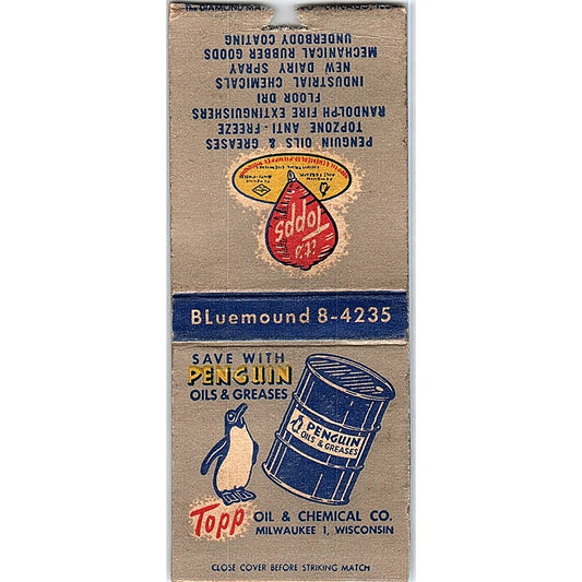 Topp Chemical Co Penguin Oils and Greases Vintage Matchbook Cover SF3-Y6