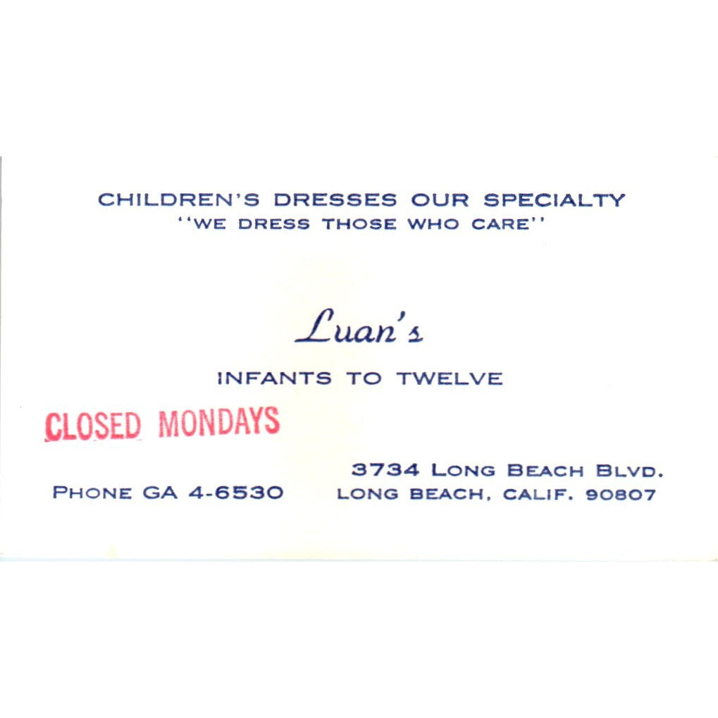 Luan's Children's Dresses Long Beach CA Vintage Business Card SE3-B7