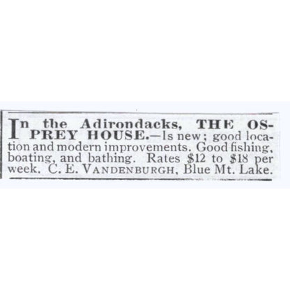 Osprey House Blue Mt. Lake Adirondacks C.E. Vandenburgh c1918 Ad AE5-SV3