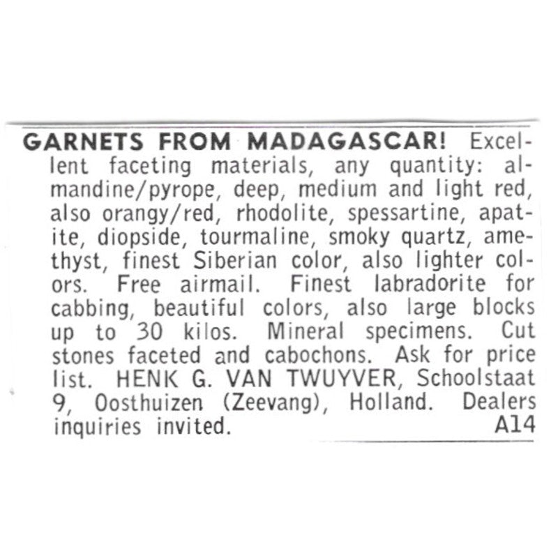 Henk G Van Twuyver Garnets from Madagascar Oosthuizen Holland 1972 Ad AF8-S12