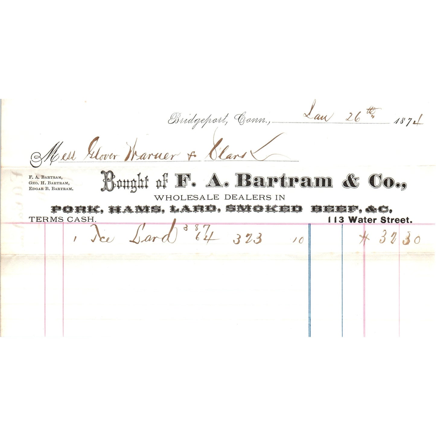 1874 F.A. Bartram & Co Meats Bridgeport CT Receipt Letterhead D24