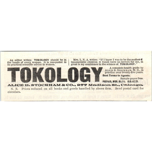 Tokology Alice B. Stockham & Co Chicago c1905 Original Advertisement AE7-A1
