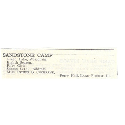 Sandstone Camp Green Lake WI Ester G. Cochrane c1918 Advertisement AE5-SA9