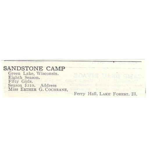 Sandstone Camp Green Lake WI Ester G. Cochrane c1918 Advertisement AE5-SA9