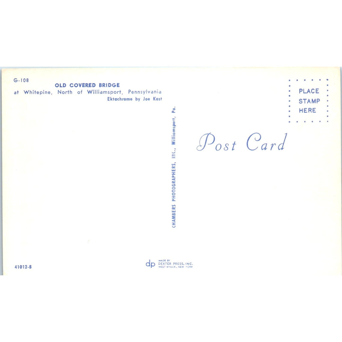 Old Covered Bridge at Whitepine Williamsport PA Covered Bridge Postcard PB13