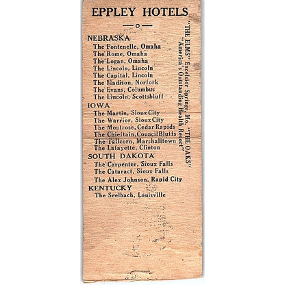 Eppley Hotels The Fontenelle Omaha NE Vintage Matchbook Cover SC7-Y9
