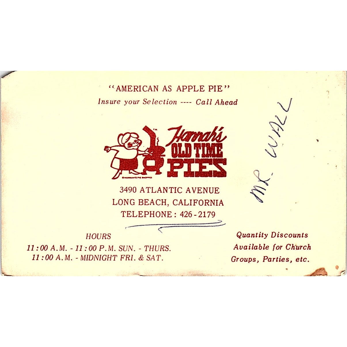 Hannah's Old Time Pies Long Beach CA Vintage Business Card TH2-B1