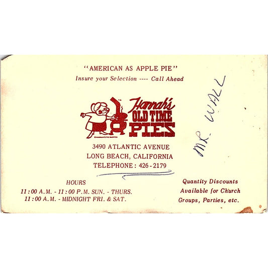 Hannah's Old Time Pies Long Beach CA Vintage Business Card TH2-B1