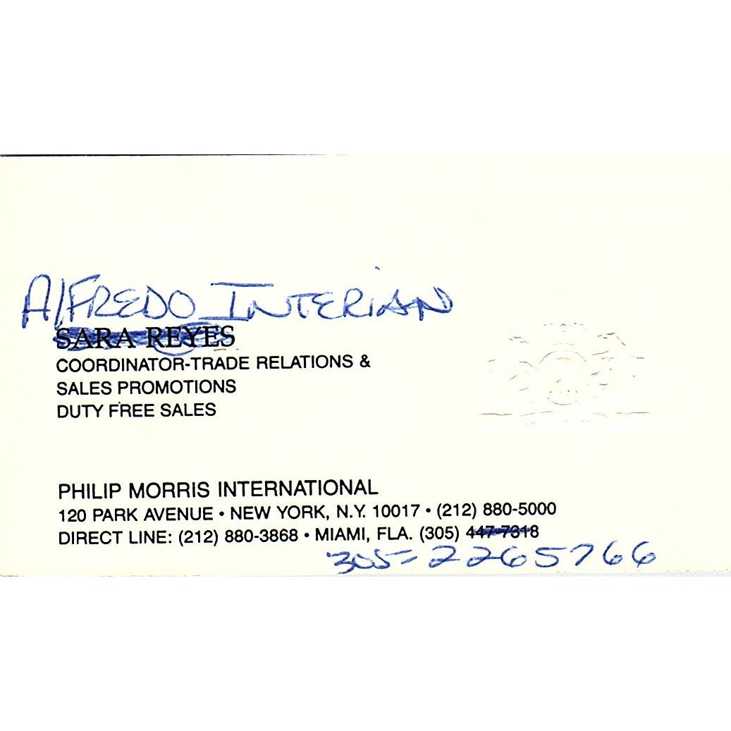 Philip Morris International Alfredo Interian New York N.Y. Business Card SB4-B2