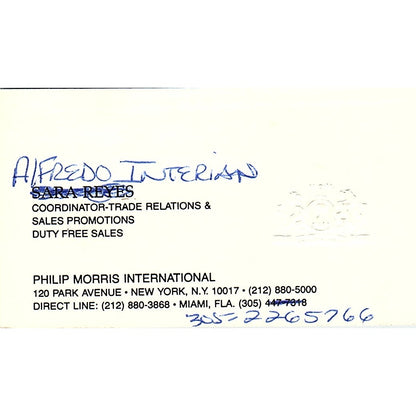 Philip Morris International Alfredo Interian New York N.Y. Business Card SB4-B2