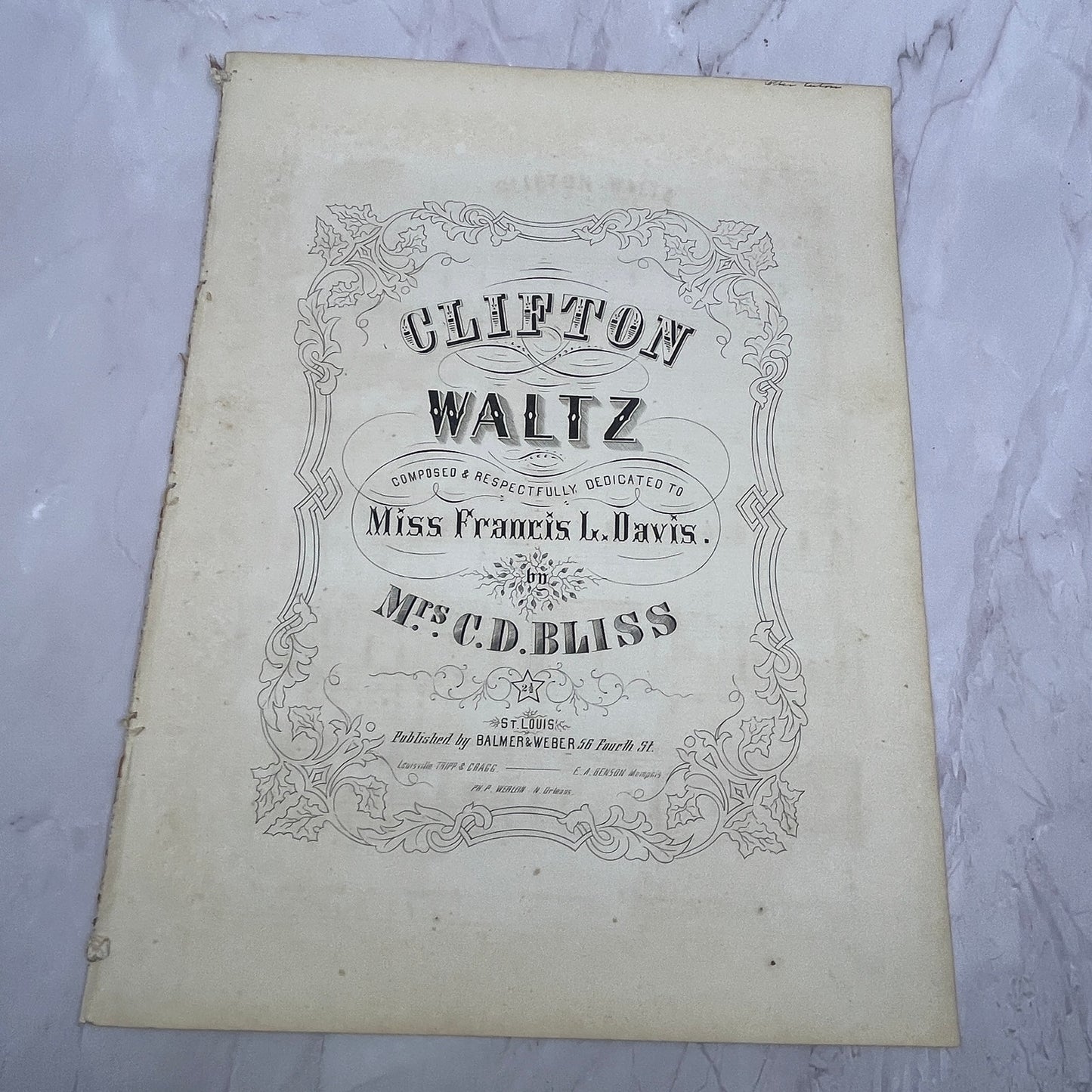 1860 Clifton Waltz Francis L. Davis C.D. Bliss Sheet Music V16