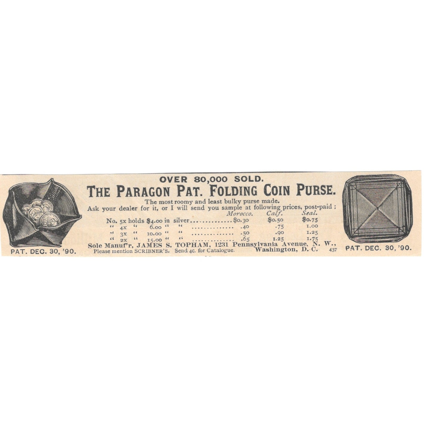 The Paragon Folding Coin Purse James S. Topham DC 1892 Magazine Ad AK6-H1