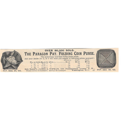 The Paragon Folding Coin Purse James S. Topham DC 1892 Magazine Ad AK6-H1