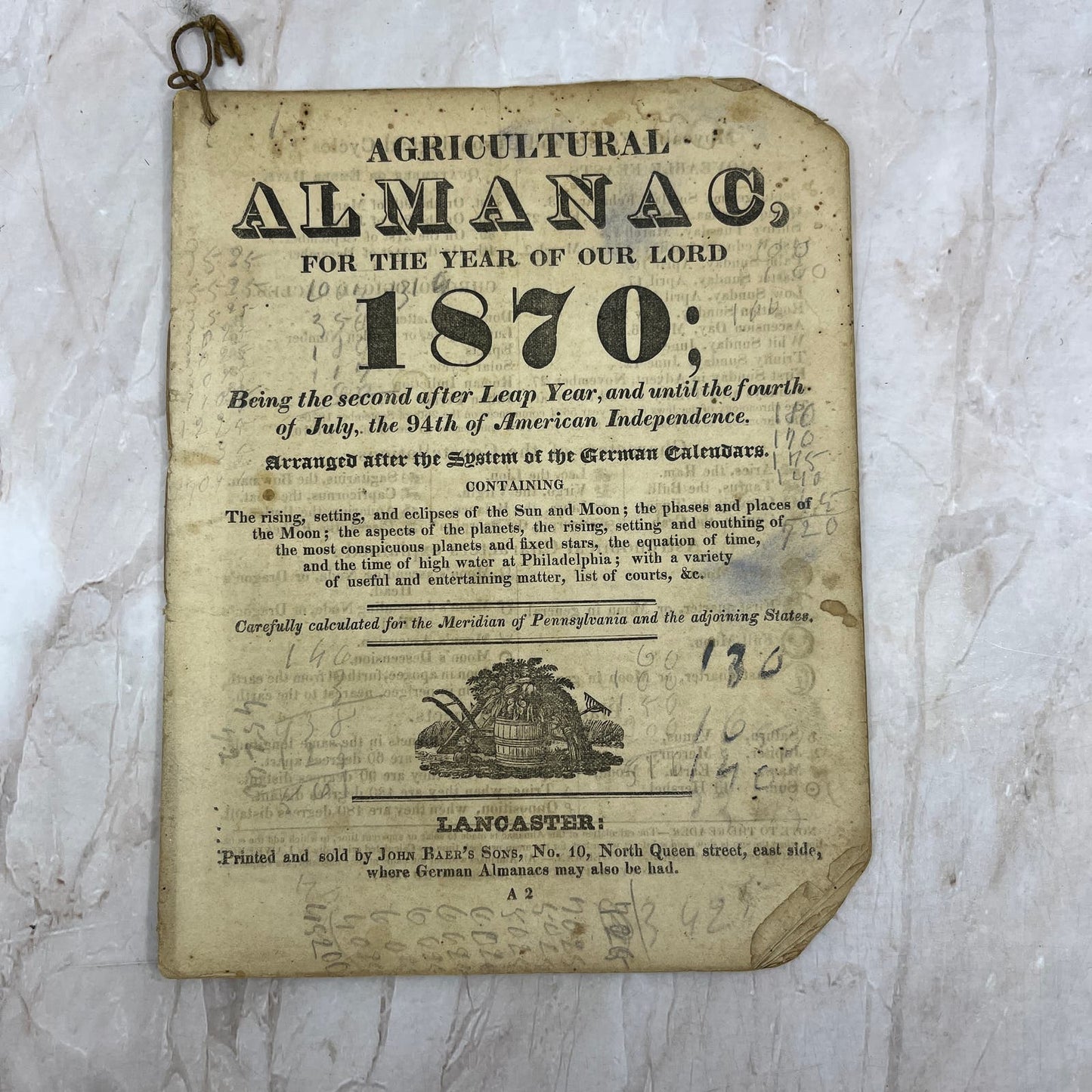 1870 Agricultural Almanac Lancaster PA John Baer’s Sons TF5