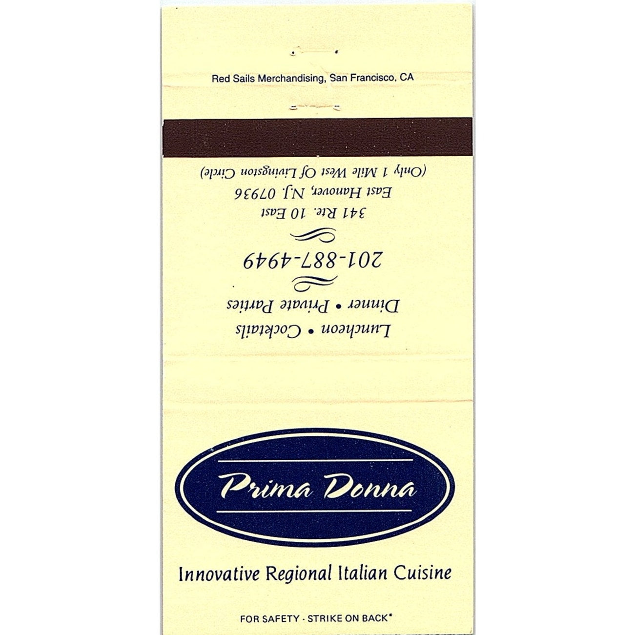 Prima Donna Italian Restaurant East Hanover NJ Vintage Matchbook MM7-1