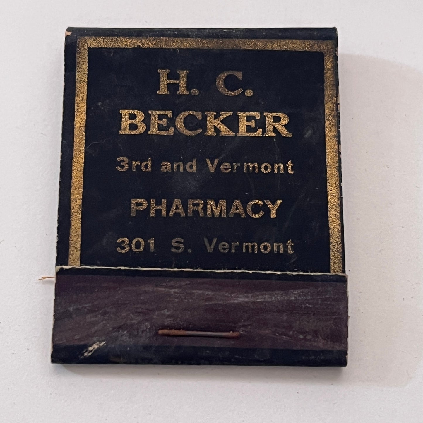 H.C. Becker Pharmacy 301 S. Vermont Vintage Matchbook Cover TB8-MB-10